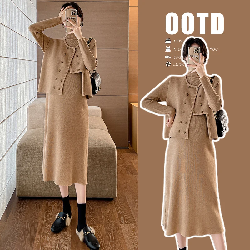 

6016# Autumn Winter Korean Fashion Knitted Maternity Sweaters Dress Vest Sets Warm A Line Clothes for Pregnant Women Pregnancy