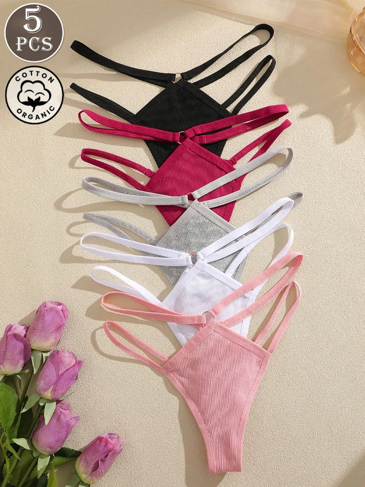 5Pcs/Set Women's Cotton Fabric Thongs Underwear Solid Color Low Waist Round Button Underpants Female Elastic Cozy Sexy Lingerie
