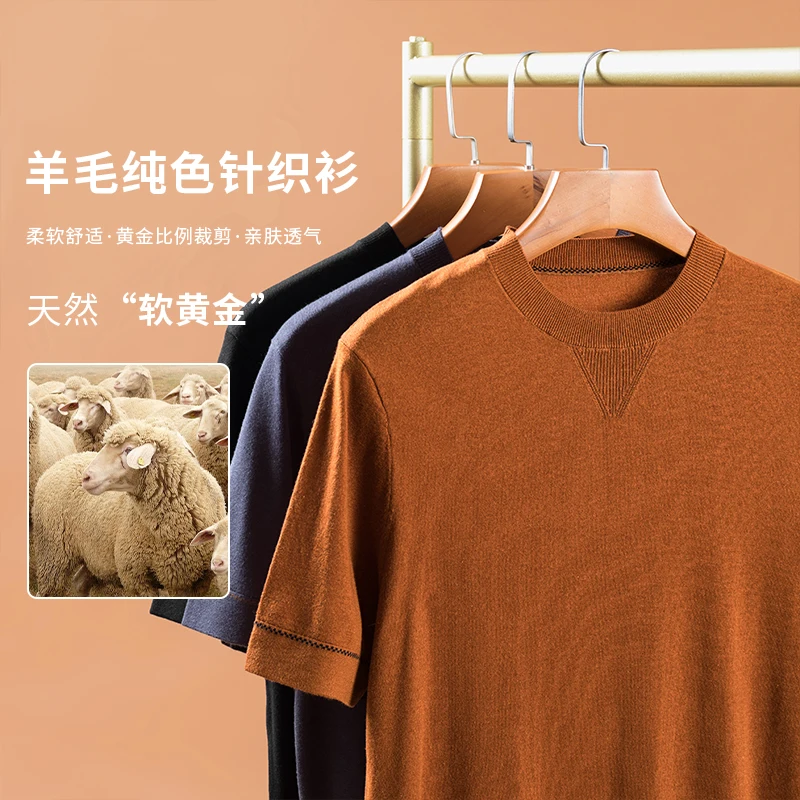 

Men Silk Wool Basic Clothes 2025 Spring Autumn Trendy O-Neck Breathable Lyocell Knitwear Short Sleeve Slim Fit Sheep Wool Tops