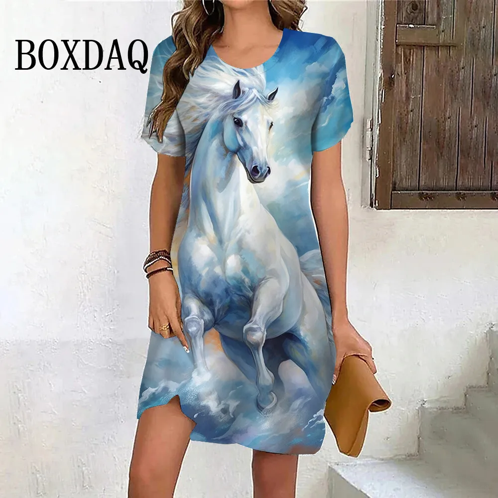 Paardenpatroon Jurk 3d Print Vintage Mini Jurk Vrouwen Korte Mouw Grafische Casual Losse Jurken Streetstyle Oversized Vestidos