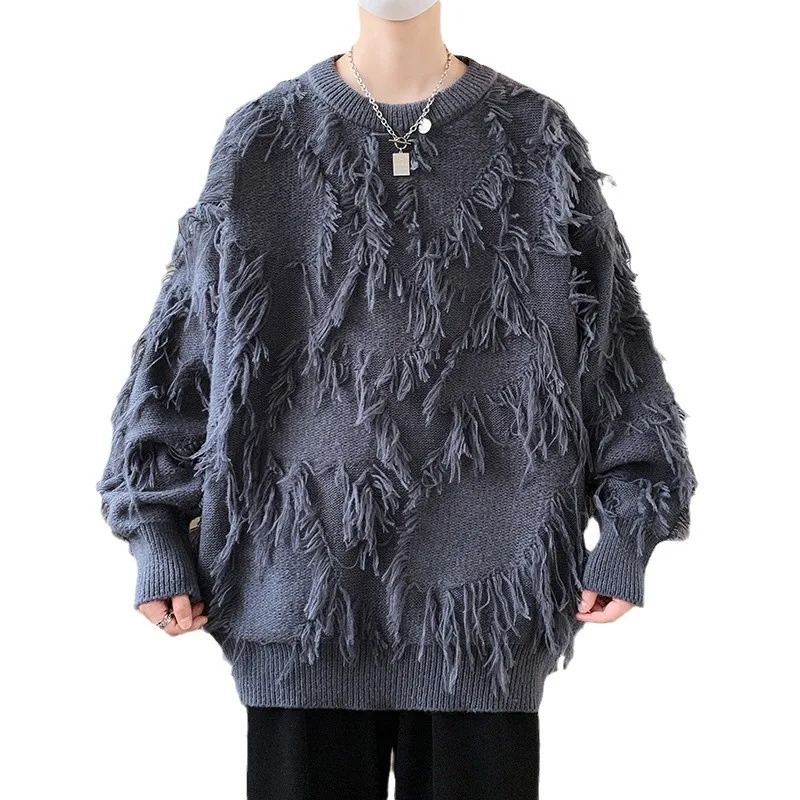 Maglione da uomo in tinta unita con frange di piume, pullover da uomo in morbida maglia soffice, maglione casual di fascia alta Hombre per l'autunno