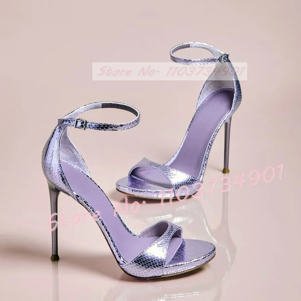 Light Purple Snake Metallic Sandals Women Fashion Open Toe Low Platform Casual Shoes Sexy Elegant Shiny Leather Cover Heel Shoes