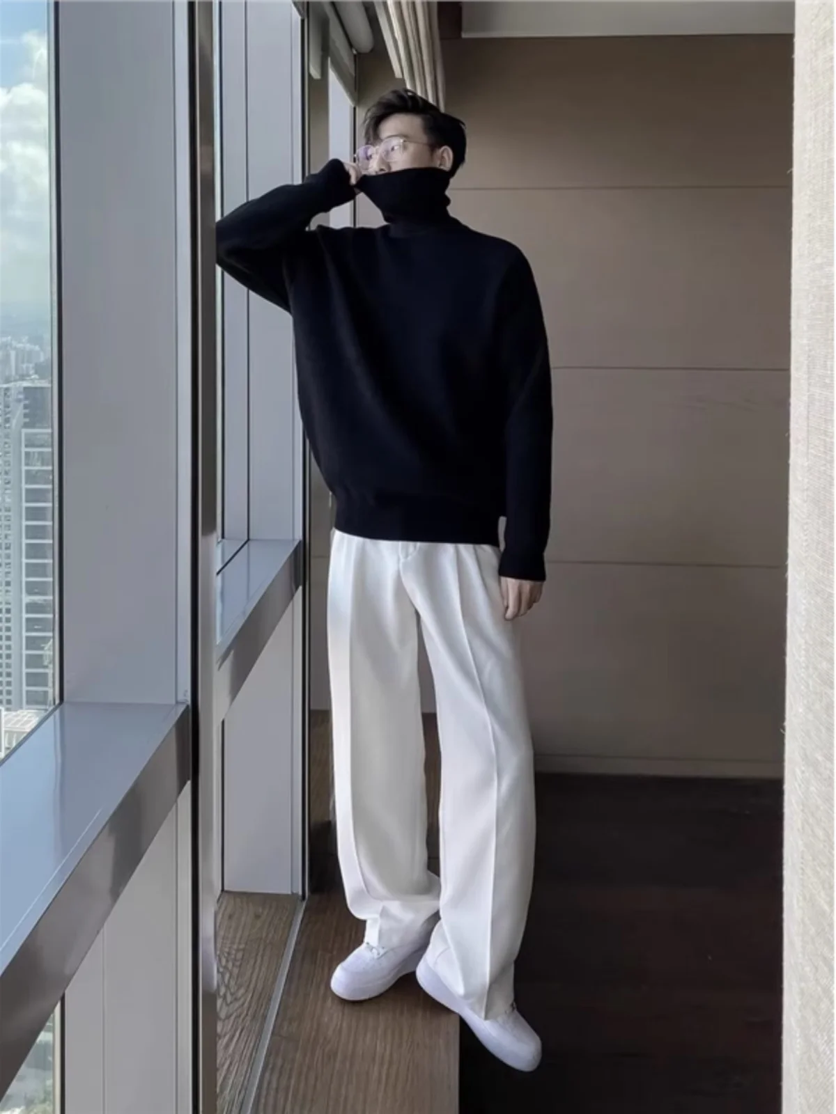 

Korean Sle Haome Thiened Loose High Collar Men's Knitted Sweater Trendy Lazy Sle Base Layer Winter Casual Wear