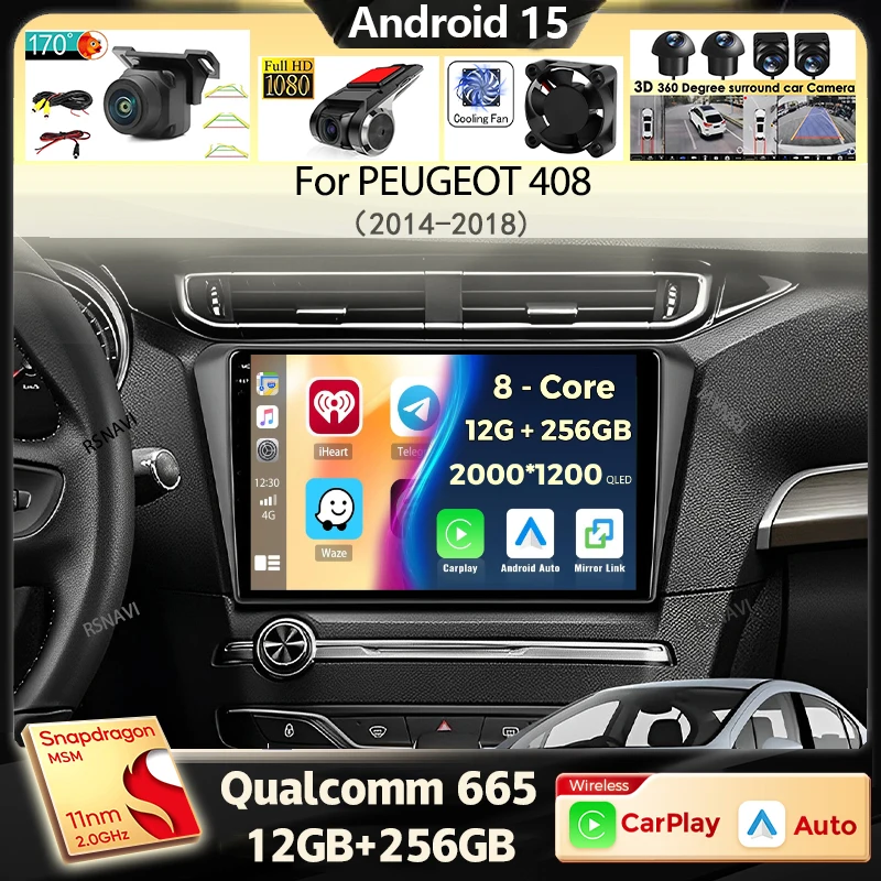 كوالكوم أندرويد 15 Carplay راديو السيارة التلقائي لبيجو 408 2014-2018 5GWifi + 4G مشغل فيديو GPS ستيريو رئيس وحدة رقم 2din DVD