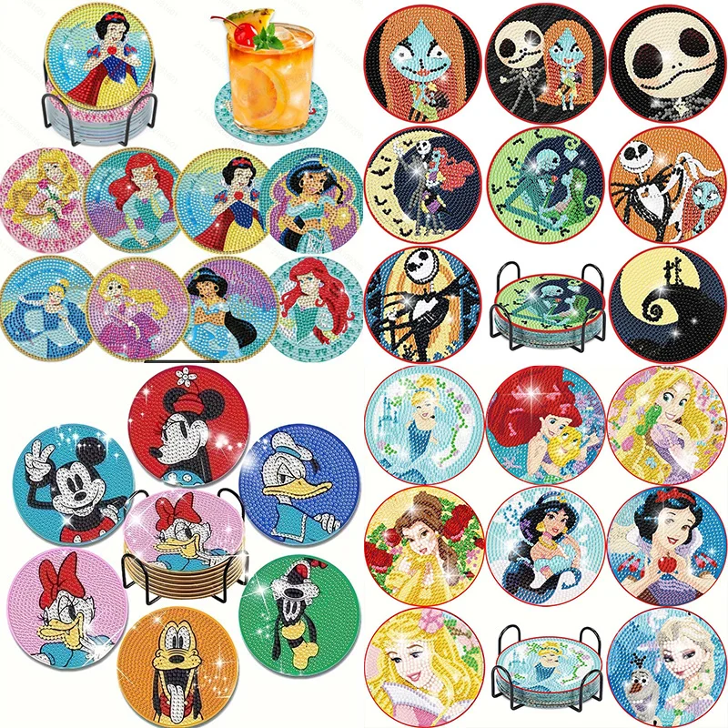 

8pcs Disney Cartoon DIY Diamond Coaster Handmade Dining Table Kitchen Insulation Pad Cute Princess Crystal Diamond Birthday Gift