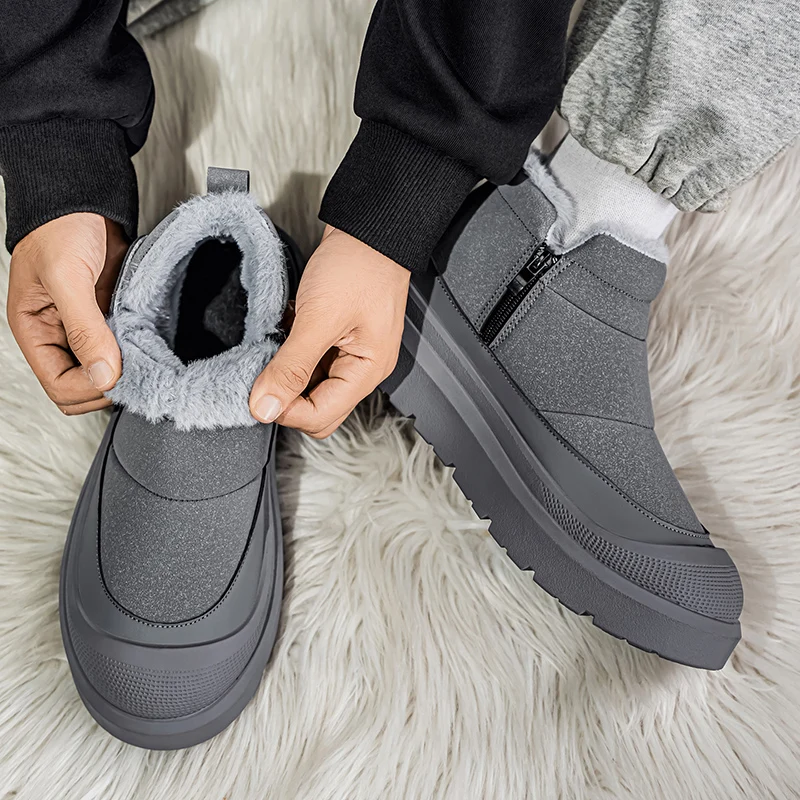 الشتاء في الهواء الطلق الأحذية القطنية للرجال أفخم حذاء الثلج عالي الرقبة دافئ موضة اليدوية حذاء كاجوال مع الفراء مقاوم للماء عدم الانزلاق حذاء من الجلد