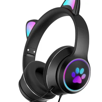 Cat Ear Gaming Headphones LED Light Girls Gamer Wired Headset Stereo Gamer Cat Ear Headphones PC Earphones with Mic for Tablet PS4 PS5 Fifa