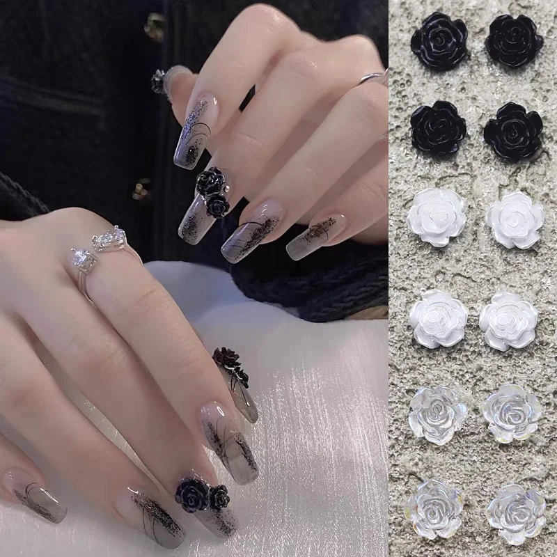 Resin White Rose Nail Art Decoration Flat Bottom Black Aurora Camellia Flower 3D Manicure DIY Accessories 30/100pcs/Bag