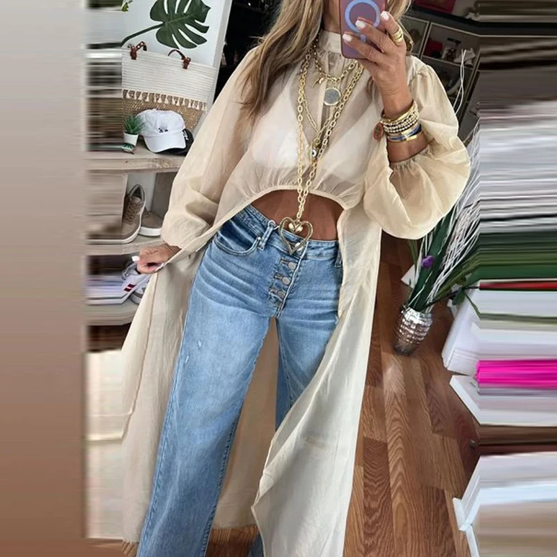 Fashion O-neck Puff Long Sleeved Women's Top Macaron Color Loose Hem Blouses Spring Summer Thin Perspective Irregular Pullover