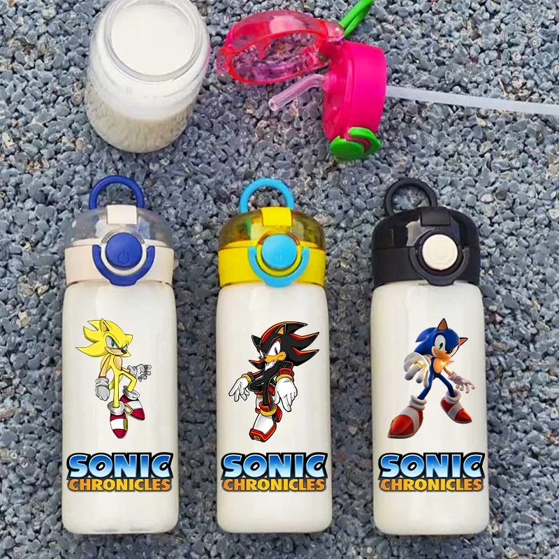 Taza de plástico con pajita de dibujos animados de Sonic The Hedgehog, botella de agua portátil a prueba de fugas para estudiantes, botella de agua ligera para exteriores, 400ML