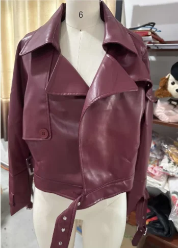 Women Vintage Oversized Shiny PU Leather Short Biker Jacket Lapel Collar With Belt Autumn Winter Outerwear
