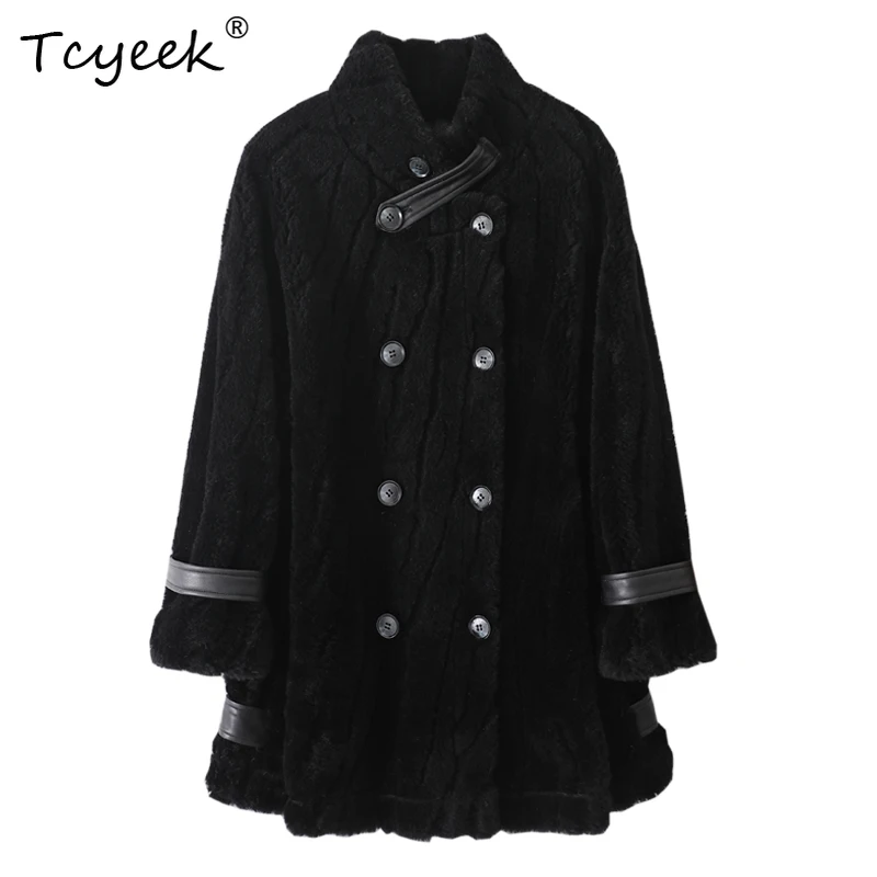 

Tcyeek 100% натуральная шерсть, осень-зима, корейский однотонный воротник-стойка, средней длины, женская шерстяная шуба с мехом Fourrures Femme