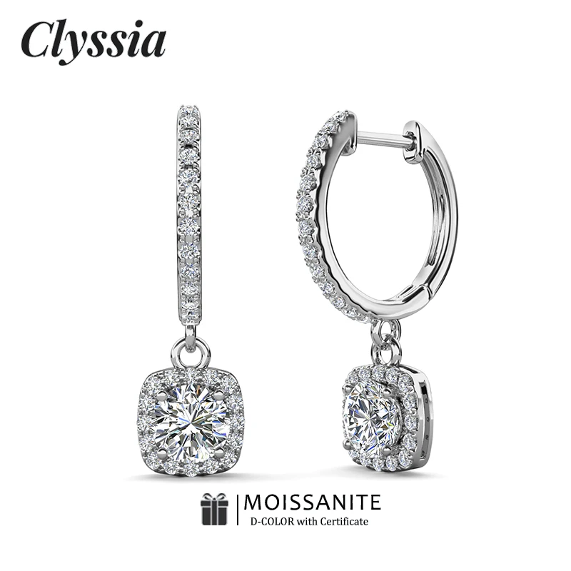 

CLYSSIA D VVS1 Муассанит в форме подушки, кулон, серьги-кольца для женщин, настоящее белое золото, стерлинговое серебро 925 пробы с GRA