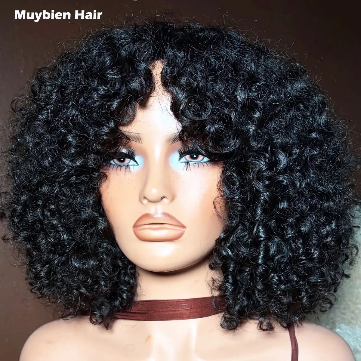 Wear and Go Glue-Less French Curly Bongs Wig 100% Human Hair 13x6/13x4 HD Lace Frontal Bouncy Curly Fringe Wigs for Woman
