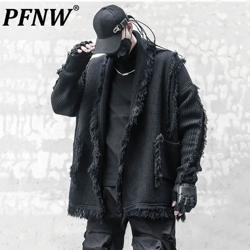 

PFNW Dark Style Men's Cardigan Individual Tailoring Tassel Kintting Design Turn-down Collar Male Loose Sweater New Autumn 12C417