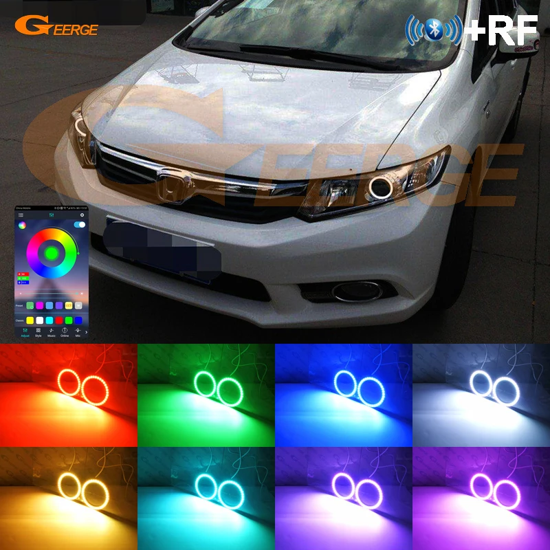 For Honda Civic IX Fb Sedan 2012 2013 2014 2015 Projector HD Bluetooth App Multi-Color RGB Led Angel Eyes Kit Halo Rings