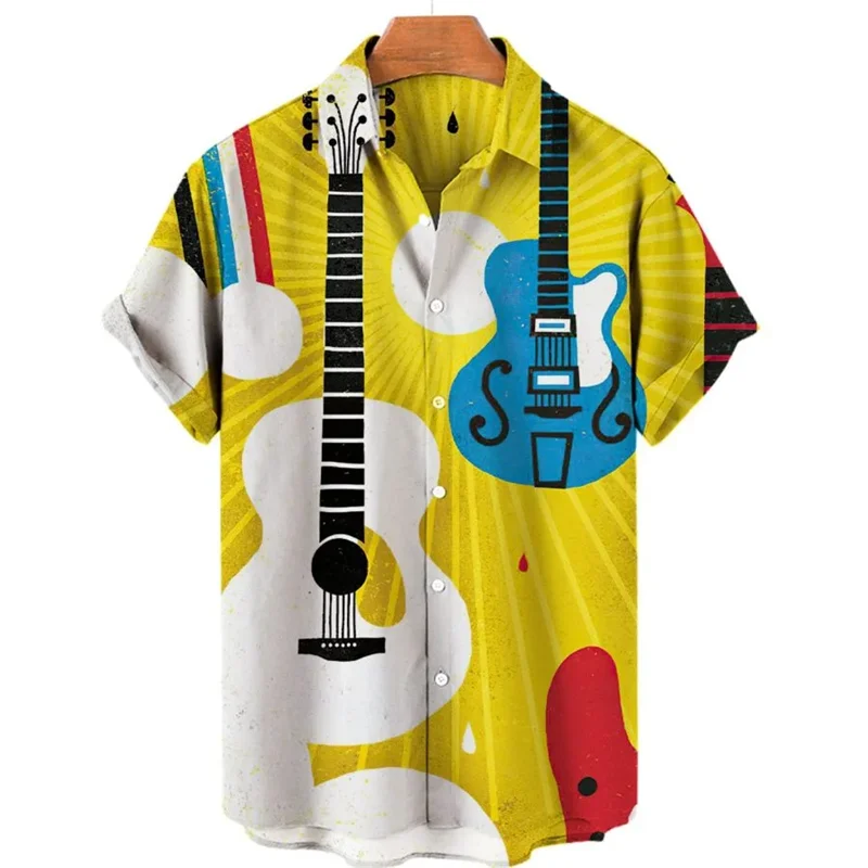 Shirts For Men Hawaiian Music Note Pattern Fashion Print Summer Harajuku Blouses Short Sleeves Hawaii Beach Tops Tees Clothes