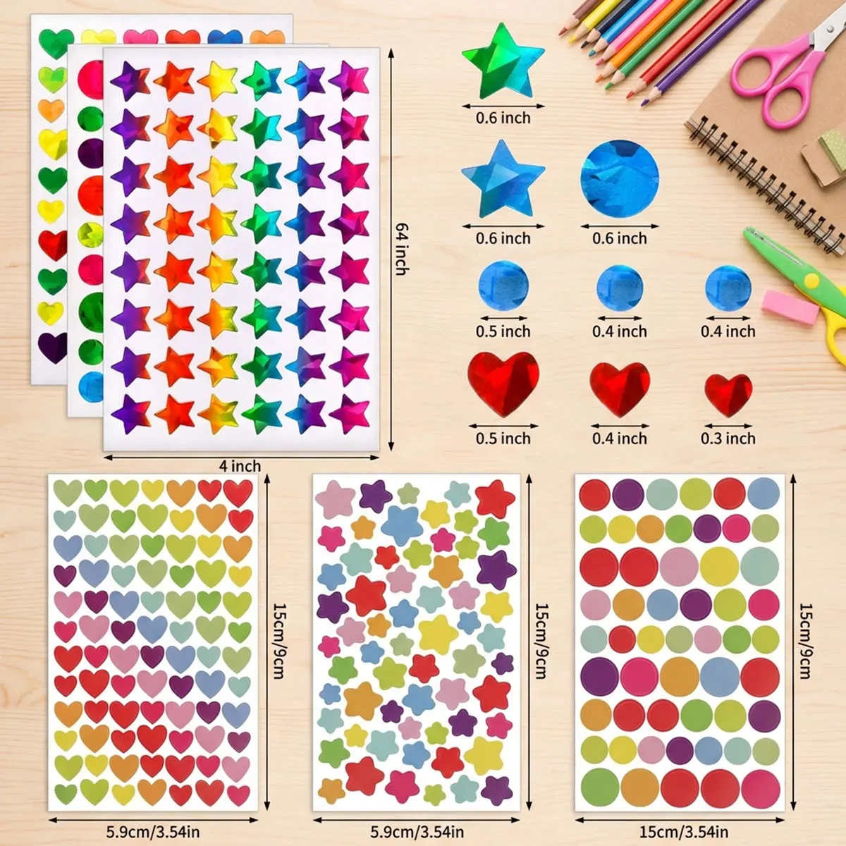 Sparkly Holographic Reward Sticker Set Round Dot Heart Star Student Shiny Glitter Foil Behavior Reward Chart Scrapbook Decals