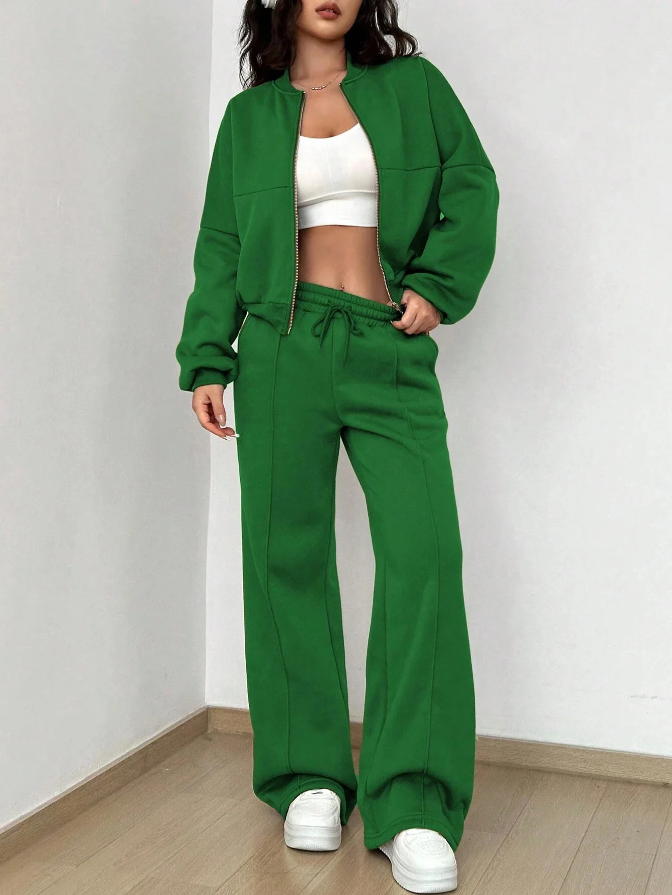 Casual Loose Zipper Coat + Sweatpants Two Piece Sets Women Fashion Solid Sleeve Jacekets Outfits Autumn Winter Sweatshirt Suit