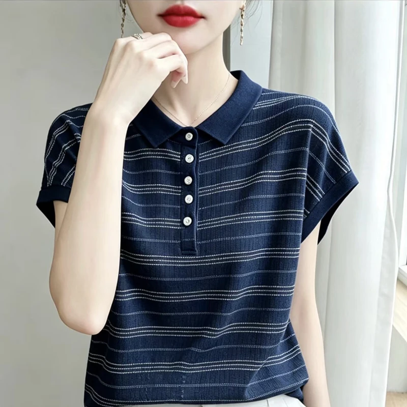 Summer new women's short sleeved polo collar knitted LyocellT-shirt casual striped women's pulloverT-shirt fashionablehot sellin