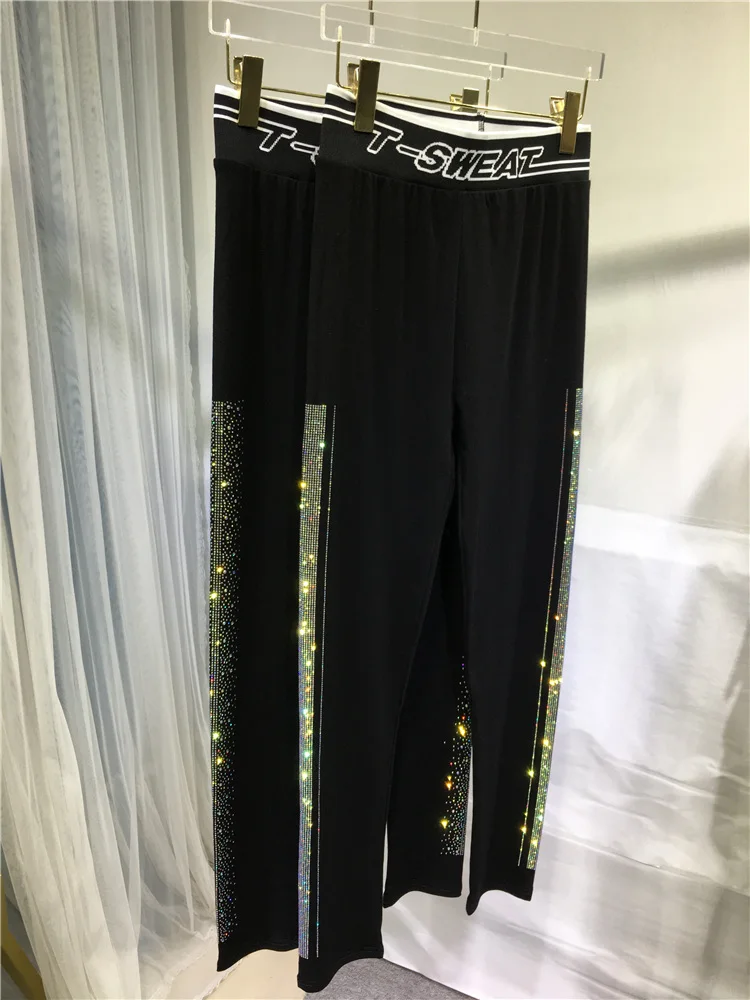 Hot Drilling Diamond Line Stretch Loose Trouser Women Leggings with An Elasticated Waist Inner Casual Black Pants Autumn Fashion