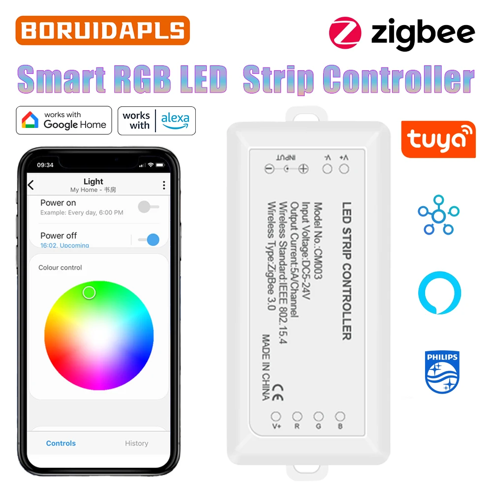 

BORUIDAPLS Zigbee 3.0 RGB LED Smart Strip Controller Dimmable Requires H-u-e SmartThings Echo Tuya Gateway Alexa Voice Dimmer