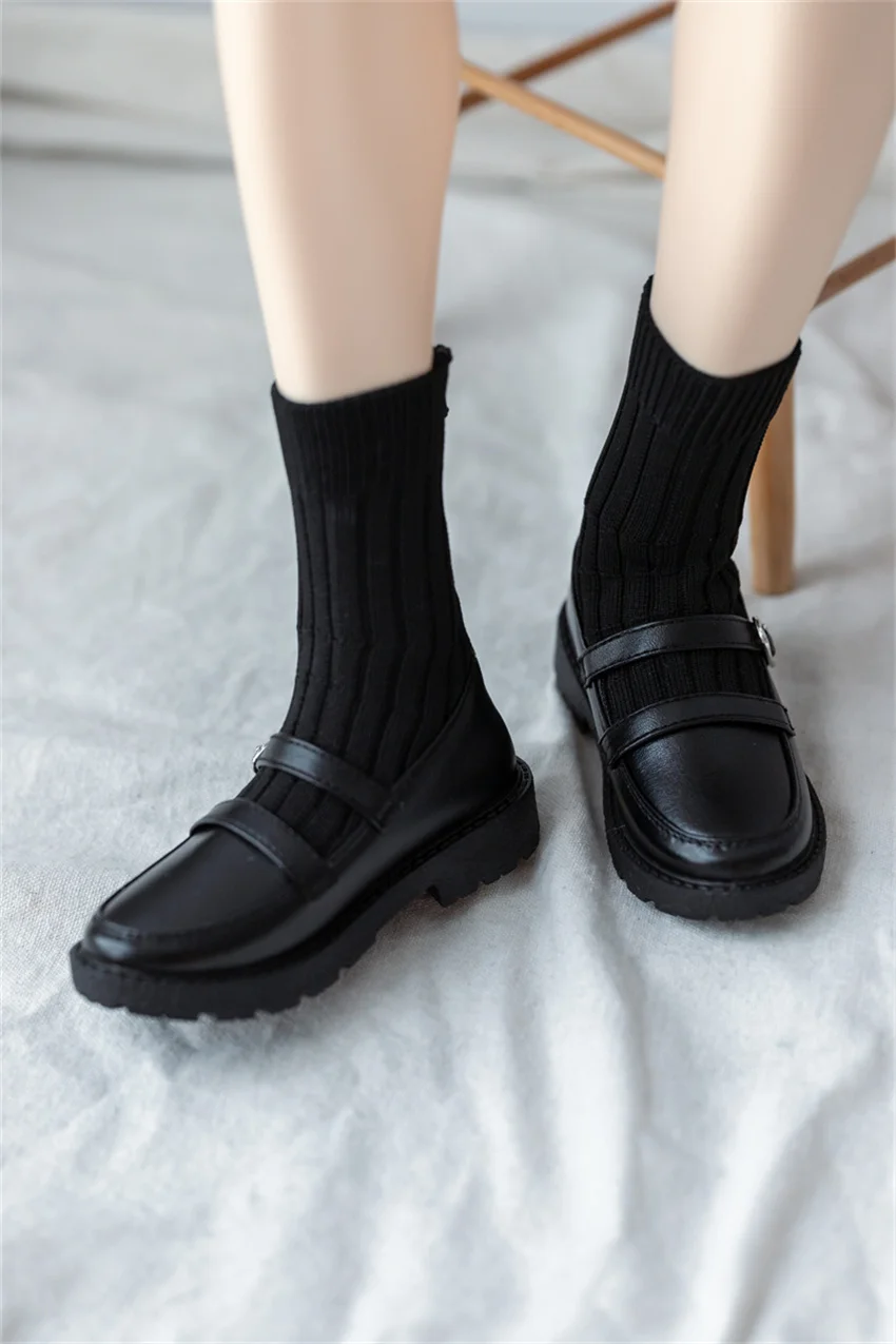 Woven-upper Single Buckle Mid-calf Boots Spot Inventory 1/4 ID75 BJD Shoes  Black Leather Soft-soled Knitted Doll Accessories