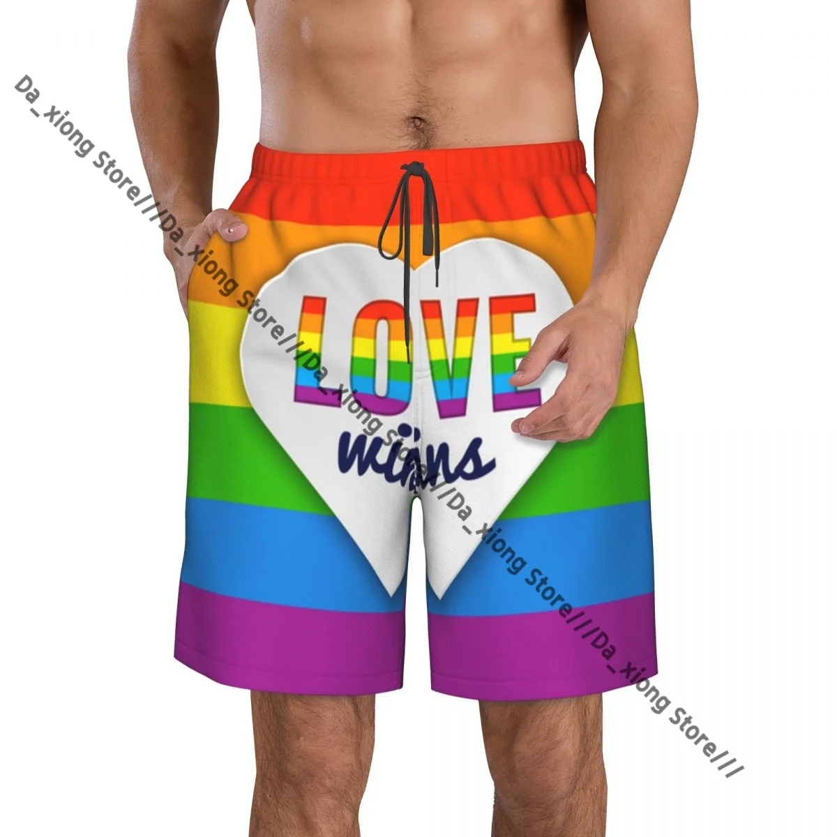 

Мужские пляжные короткие шорты для плавания с радужным флагом и сердцем Love Wins Text LGBT Surfing Спортивные шорты для доски Купальники