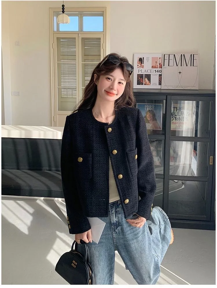 Tweed Jacket Dark Blue For Girl Womens Winter Stylish Fashionable Trending Seamless Puff Retro Bomber Racer Wicking Stereoscopic - view 6