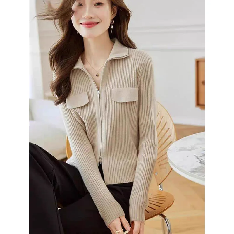 

Осень 2024, новый открытый кардиган с двойной молнией и воротником, женская верхняя одежда небольшого размера, вязаное верхнее пальто, обычное тонкое шерстяное пальто