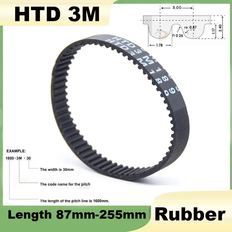 1Pcs HTD Timing Belt 3M Pitch 3mm Length 87mm to 255mm Rubber Drive Belt Width 10mm 15mm Closed Loop Belt for CNC, 3D Printer