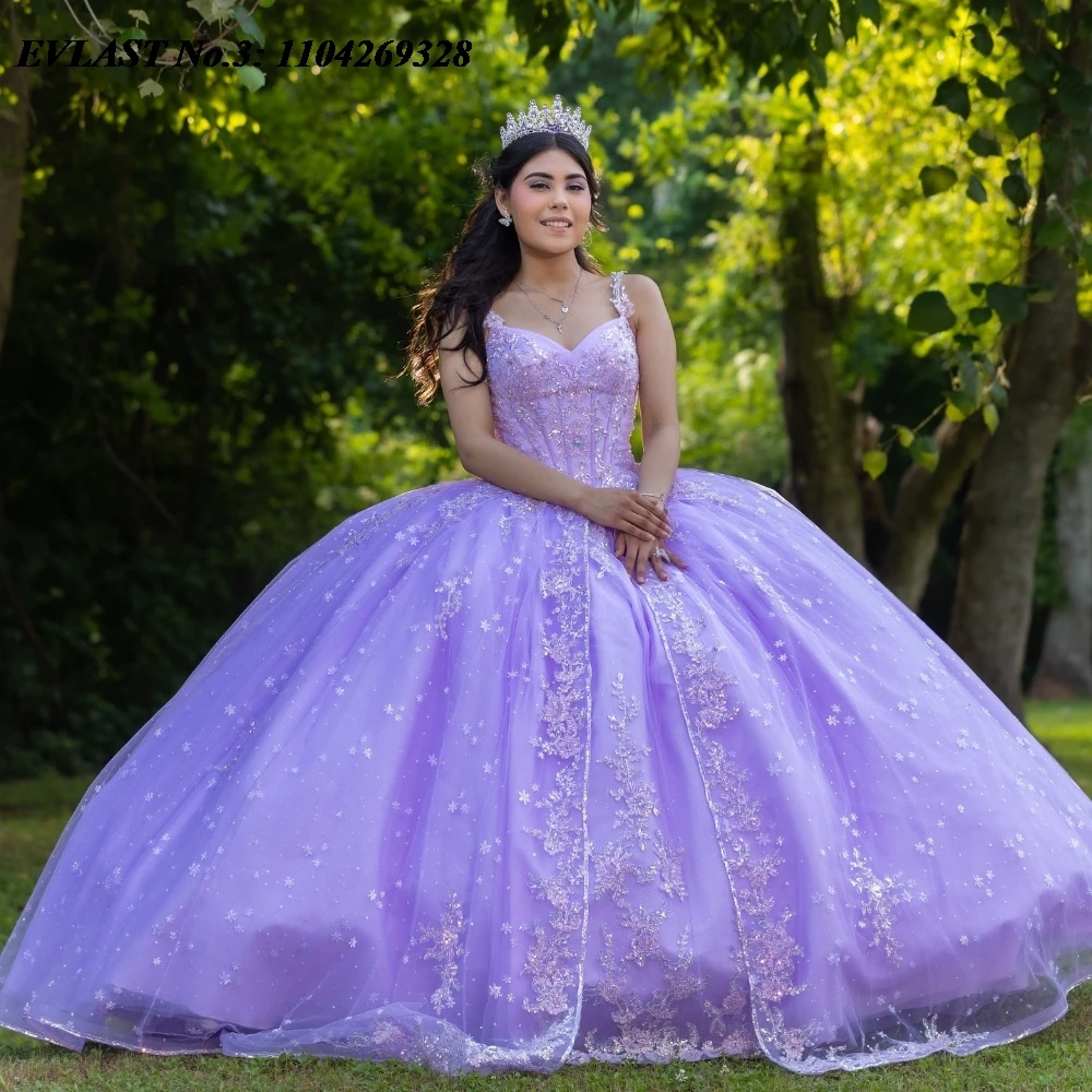 

EVLAST индивидуальное блестящее лавандовое сиреневое платье Quinceanera, бальное платье с кружевной аппликацией и бисером, Sweet 16, Vestido De 15 Anos E3Q304