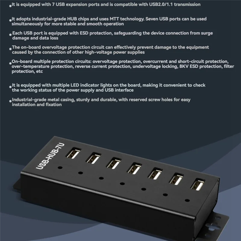 HUB USB Industrial, adaptador HUB de expansión de puertos USB 2,0 de 7 canales para Win11/10/8 Linux con adaptador de corriente de 5V