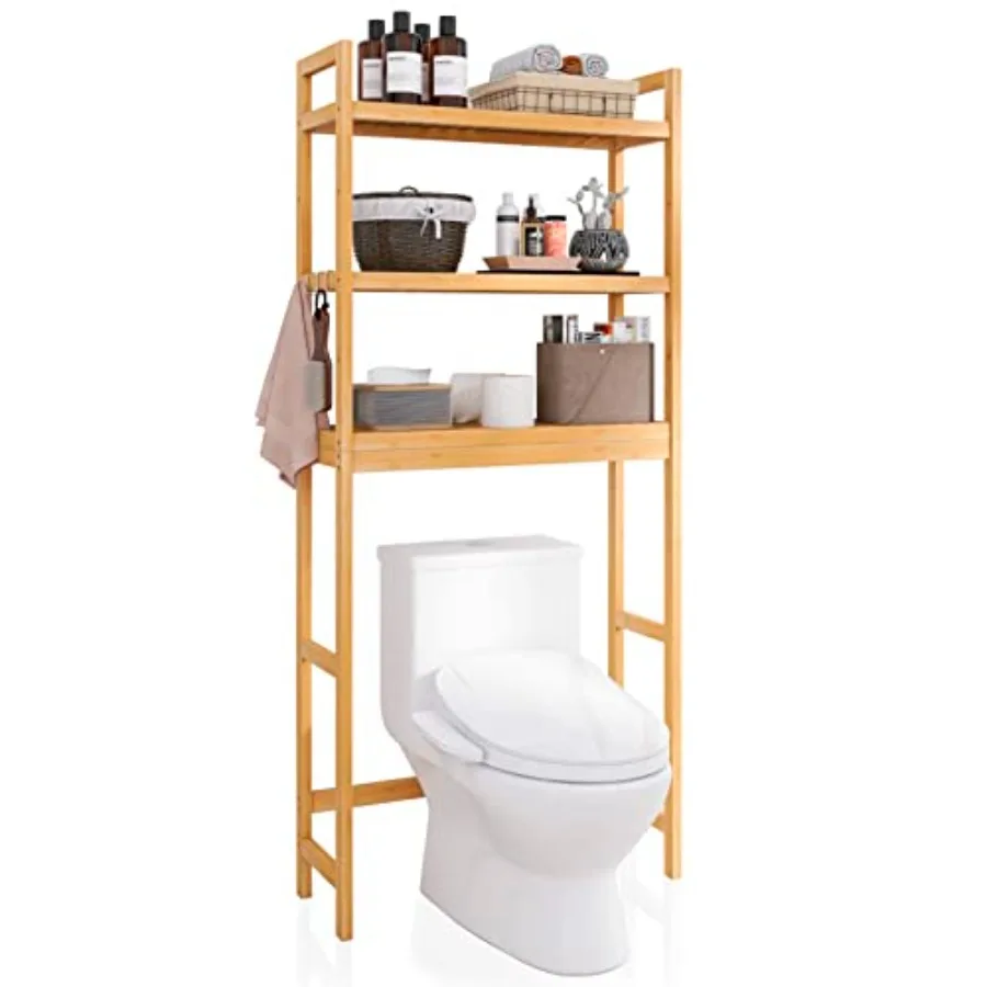 

Bathroom Storage Shelf, Bamboo Over-The-Toilet Organizer Rack, Freestanding Toilet Space Saver with 3-Tier Adjustable Shelves