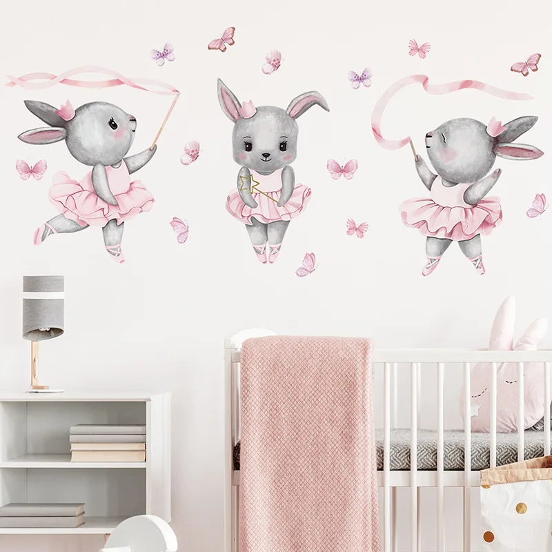 Autocollants muraux de chambre de bébé fille, Stickers muraux de dessin animé lapin rose, décoration de chambre d\'enfants, pour la crèche