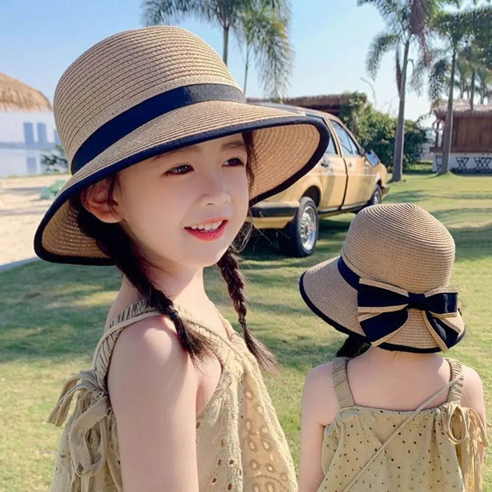 Spring Summer Children Baby Girl Straw Plaited Bucket Hat Beach Holiday Round Top Outdoor Bow Sun Block Hat Cap for Kids Girls