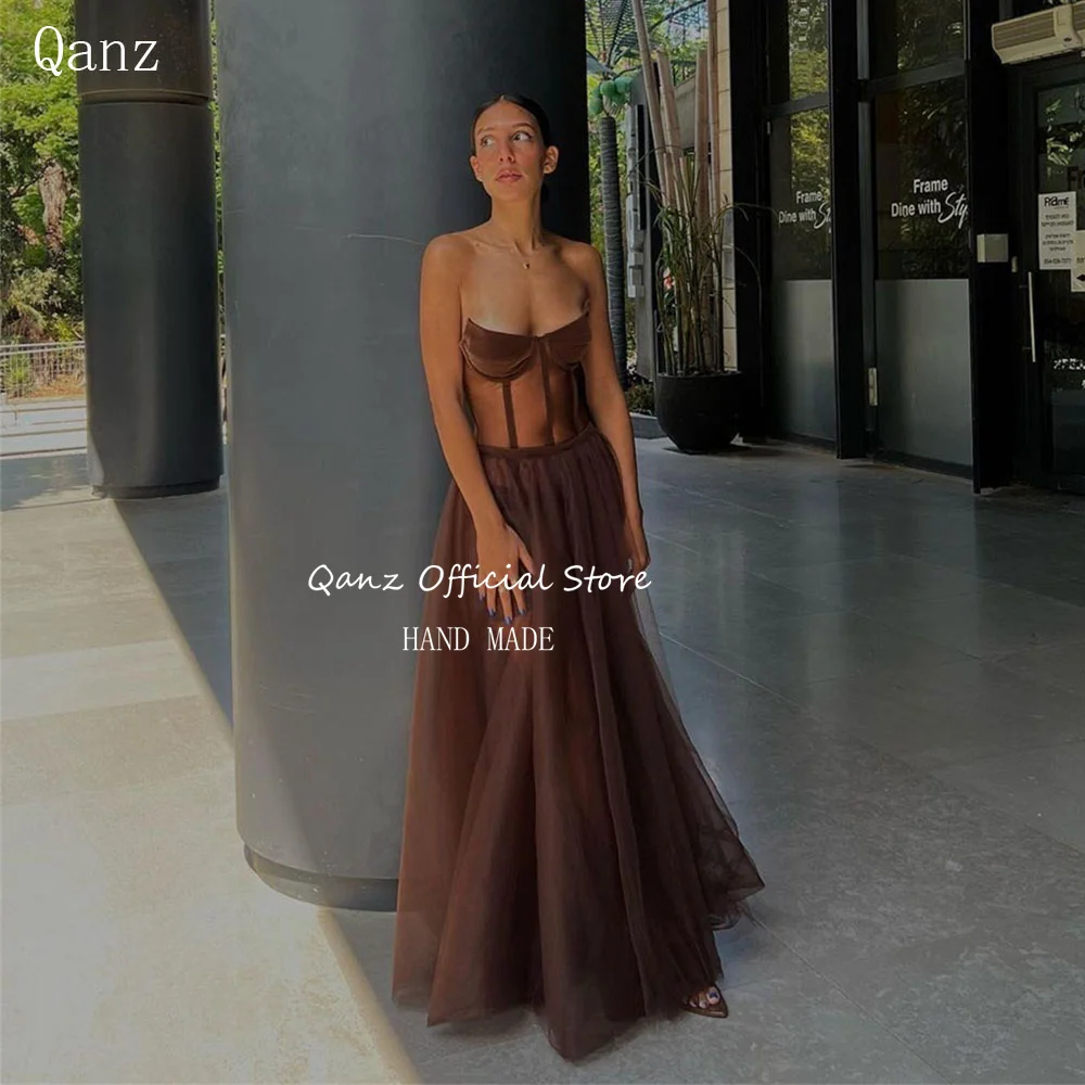 Qanz Sexy Illusion abiti da sera Tulle di seta lunghezza del pavimento aperto indietro abito da ballo lungo una linea senza spalline abito da festa donna elegante