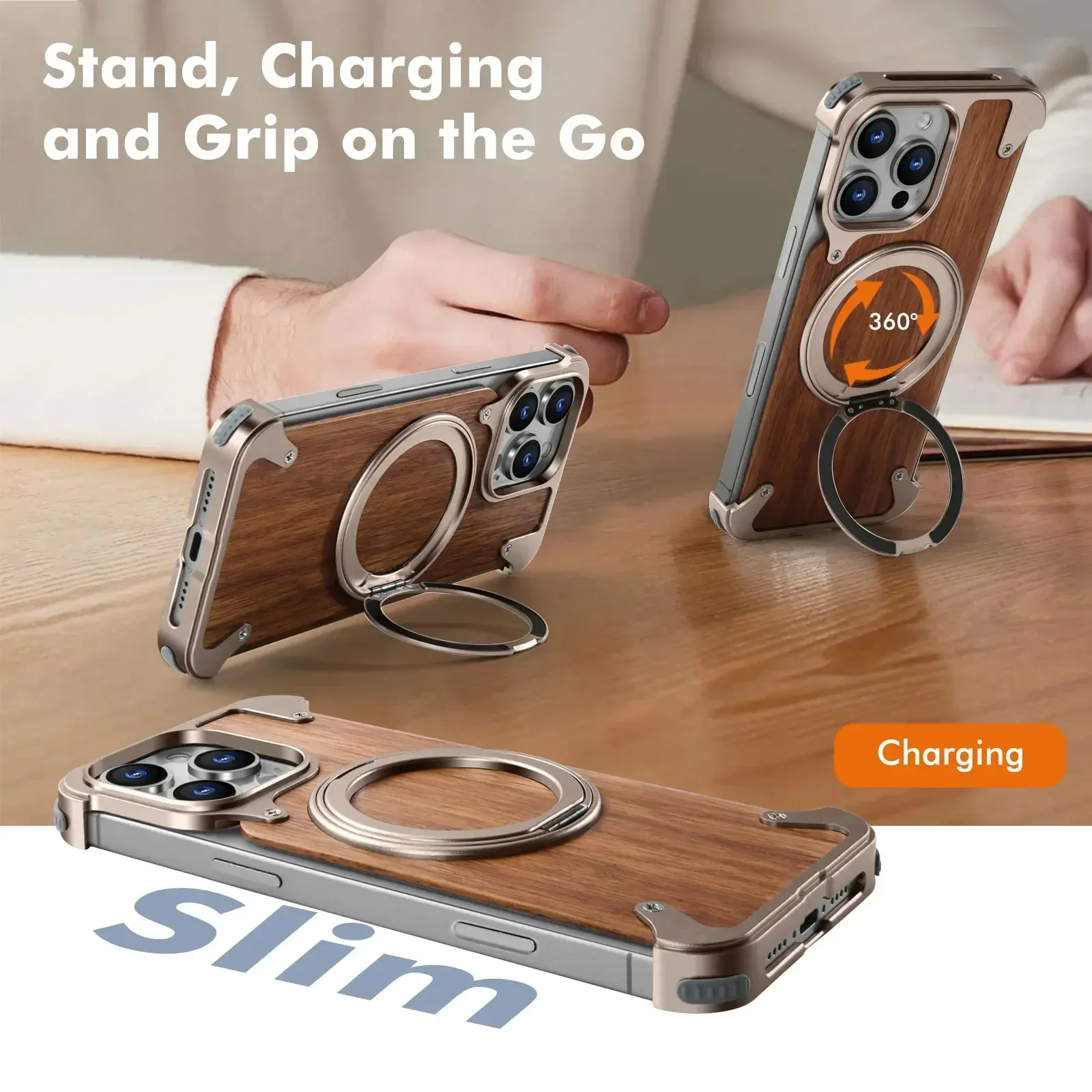 

Чехол для телефона Oatsbasf Magsafe из цельного дерева для iPhone 14, 15, 16 Pro Max, противоударный защитный чехол с 360° ° Вращающаяся подставка для колец