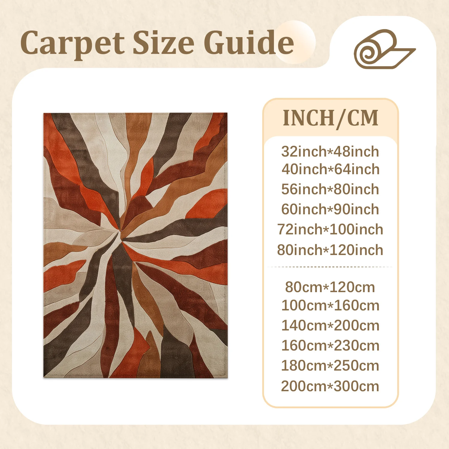 Large Indoor Area Rug, Soft Velvet Low Pile, Non-Slip Dotted Backing & Machine Washable, Abstract Burst Pattern in Terracotta Brown Beige, Great for Living Room Bedroom Entryway, Warm Modern Home Floor Decor