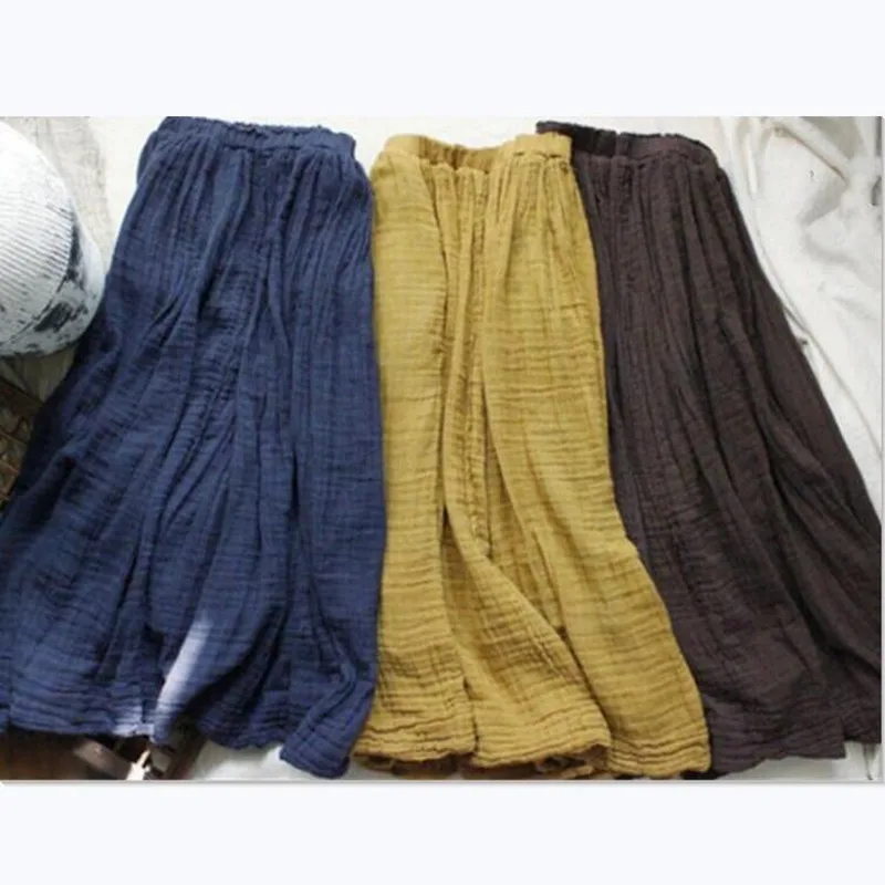 Autumn 2026 New Vintage Cotton Linen Pleated Skirts Women Long Maxi Tulle Solid Casual Skirt Elastic Waist Chic Vintage Clothes