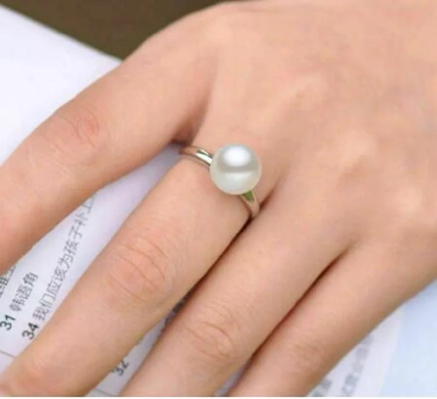 stunning natural perfect round AAA 10-11mm Akoya White pearl ring 925silver