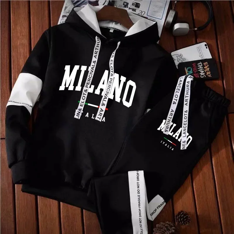 Men Milano Letters Print Sweatshirt Set Hoodies Sweatpants Tracksuit Design Outfits Jogger Suit Male Pullover Luxury Streetwear