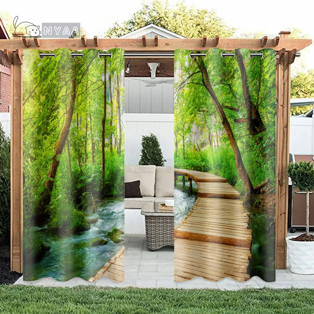 

2Panels Outdoor Pavilion Green Forest Curtain Nature Garden Curtain Courtyard Balcony Sun Screen Bedroom Window cortinas Hook