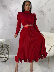 Women Sets Two Piece Set O-Neck Long Lantern Sleeve Top And Elegant Pleated Long Skirt High Streetwear Casual Beach Suit