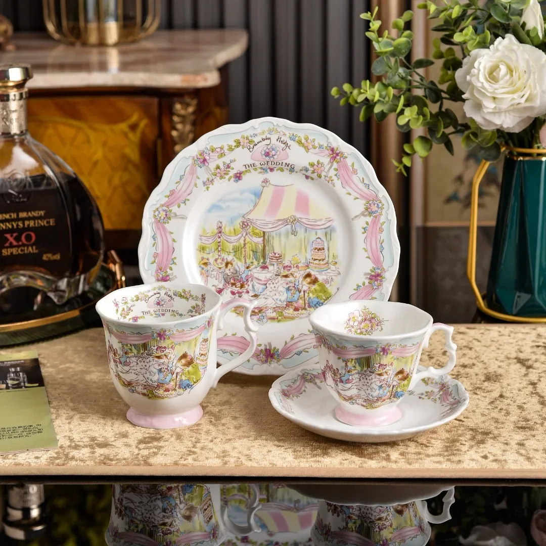 Mouse Wedding Porcelain Cup and Saucer Set Pink 350ml Mug 8in Ceramic Dessert Plate Tableware Gift for Wedding Home Decor