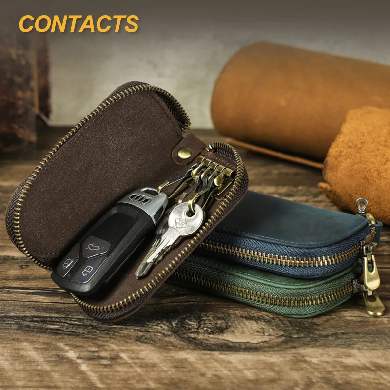 Retro genuine leather zipper key case, car remote control key case, hook portable anti-loss key case