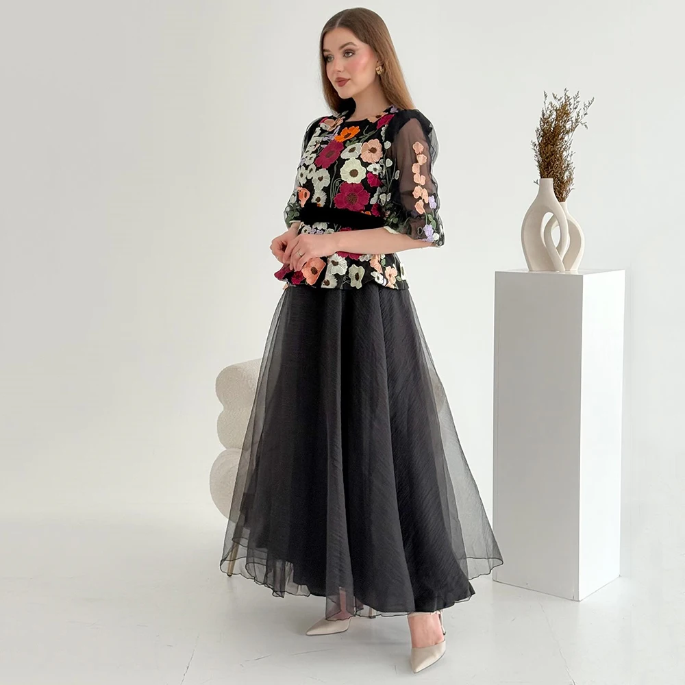

Customized O-neck Draped Tulle A-line Evening Dress With Flower Half Sleeves Party Dress Ankle Length With Sashes Prom Gowns