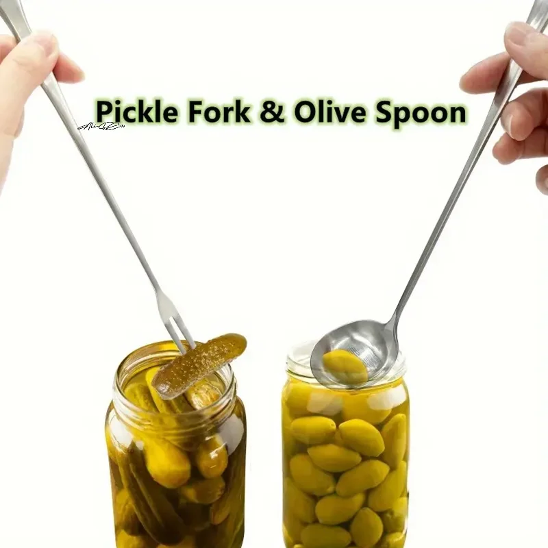 2Pcs Stainless Steel Long Handle Pickle Fork And Spoon Set Jar Grabber Canning Fruit Fork Kitchen Tool for Preserves