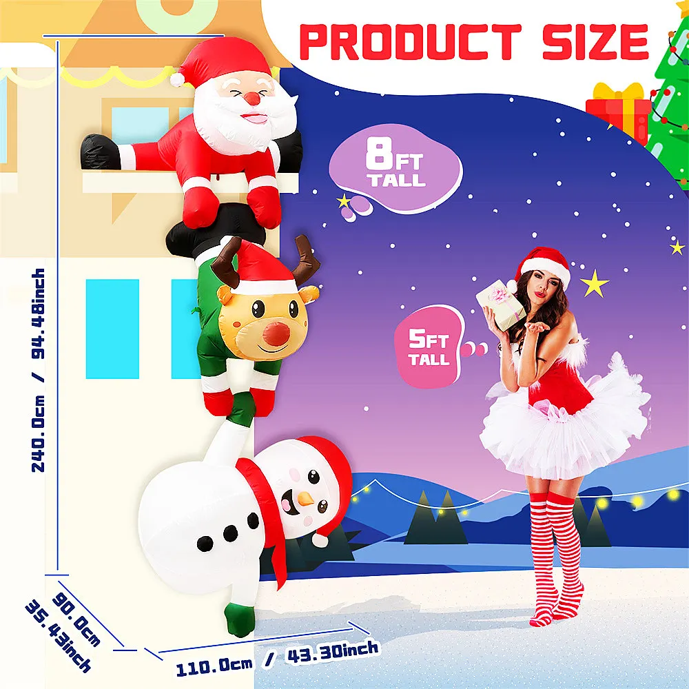 2.4M Christmas Inflatable Suspension Climbing Santa Claus Reindeer Snowman Built-in LED Lighting For House Eaves Roof Decoration view 5