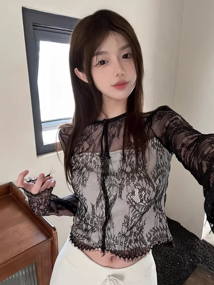 REDDACHiC Floral Lace Spliced Knit Crop Top Women Sexy Sheer Hollow-out Wave Trim Slim Fit Long Sleeves T-shirt Vintage Clothes